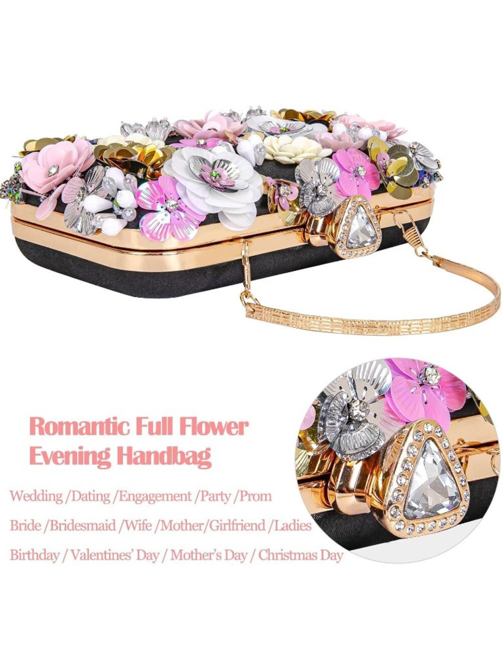 Women's Black Floral Beaded Chain Strap Party Prom Clutch Purse Evening Bag - Picture 4 of 7